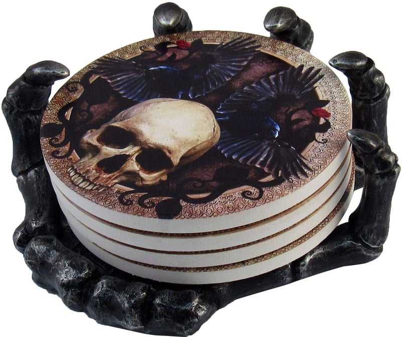 DWK - Helping Hand - Beautiful Gothic Skull Beverage Coasters with Creepy Skeleton Hand Holder for Halloween Home Kitchen Dining and Bar DÃ©cor Accent, 5.5-inch - Image 2